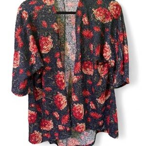 Holidays party cozy fuzzy navy blue rose printed cardigan kimono sweater small